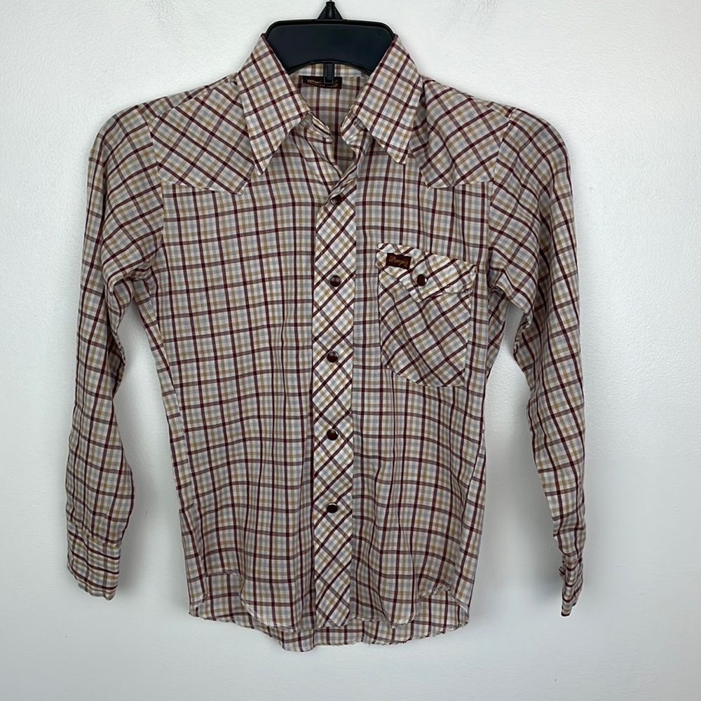 Girls Wrangler Button up Long Sleeve Shirt Size 10 Plaid Color Maroon,Tan White